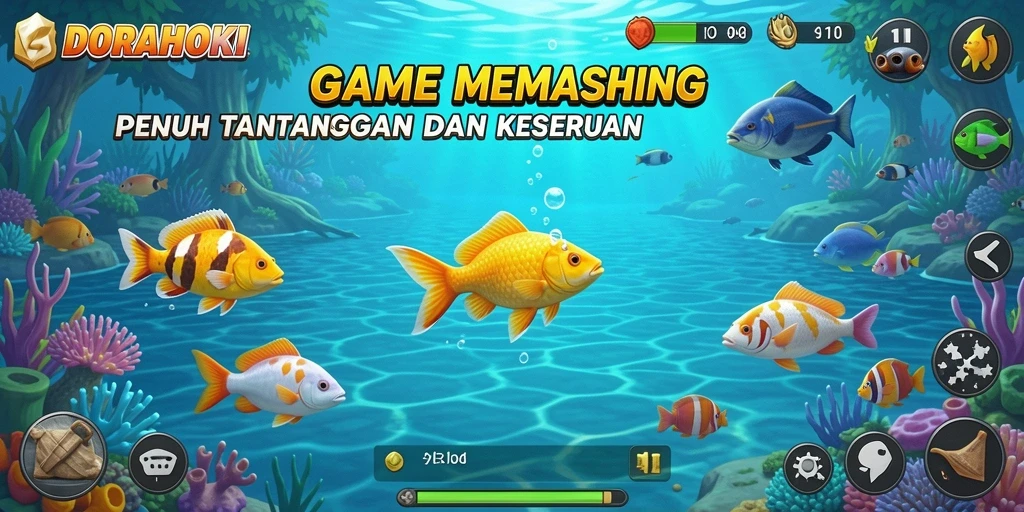 Tampilan gameplay DORAHOKI yang menampilkan aksi memancing seru.