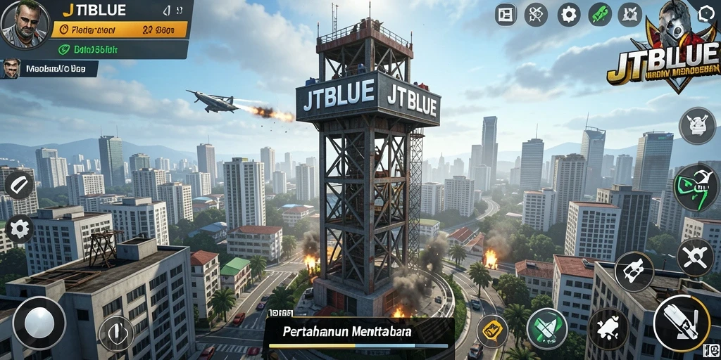 Screenshot JTBLUE menampilkan aksi seru dalam permainan Tower Defense.