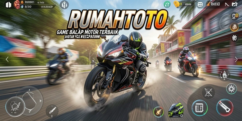Screenshot gameplay RUMAHTOTO yang menampilkan balapan motor yang mendebarkan.