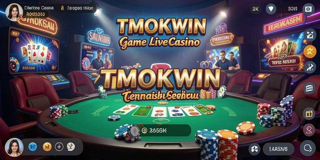 Screenshot gameplay TMOKWIN menampilkan dealer langsung dan suasana kasino yang menyenangkan.